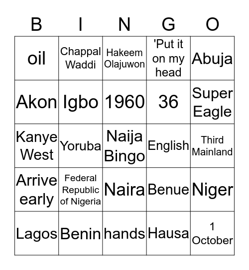 Naija Queen Bingo 1 Bingo Card