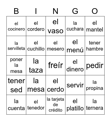 La comida y el restaurante Bingo Card