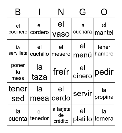 La comida y el restaurante Bingo Card