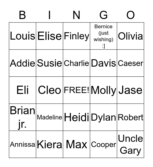 Great Graham Kids Bingo Card