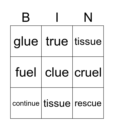 ue words Bingo Card