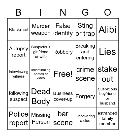 Hallmark Mysteries Bingo Card