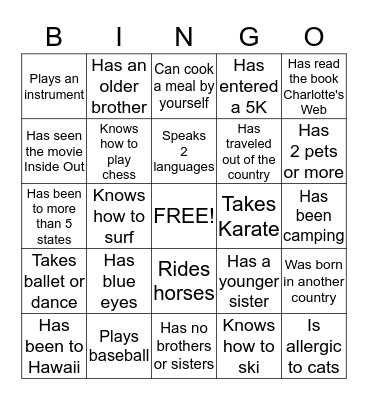 Get to Know Your Classmates Bingo Card