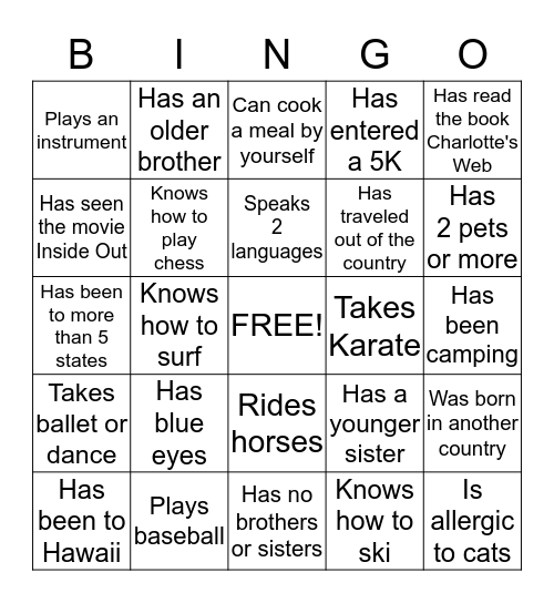 Get to Know Your Classmates Bingo Card