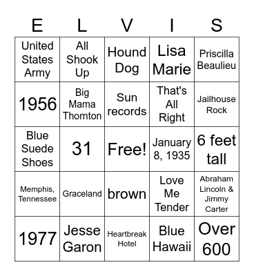 Elvis Presley Bingo Card