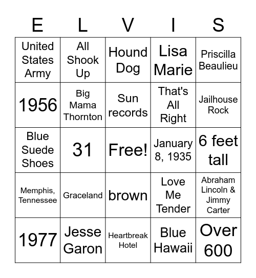 Elvis Presley Bingo Card