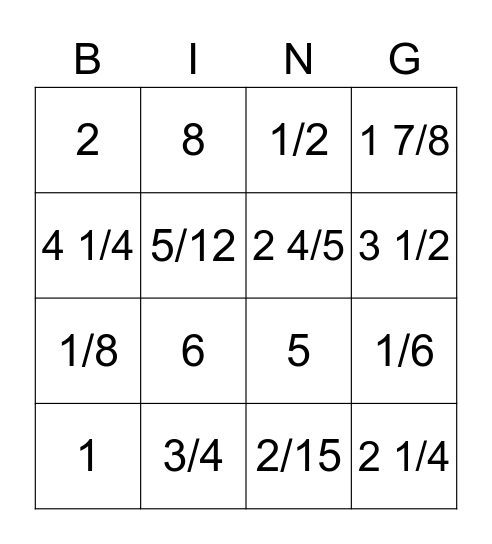 Fraction Operations! Bingo Card