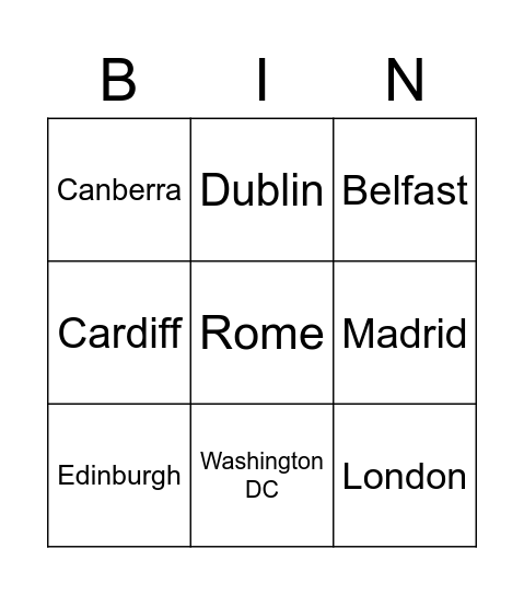 Capital Cities Bingo Card
