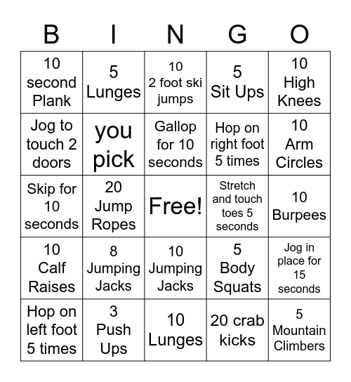 Van Holten Fitness Bingo Card