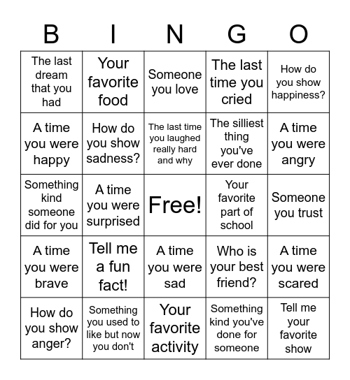 Emotions and Relationships Bingo Card