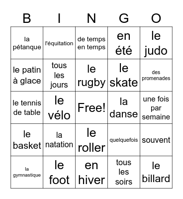French Sports Bingo Card