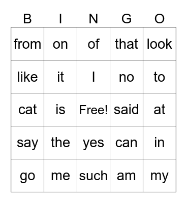 Sight Words Bingo Card