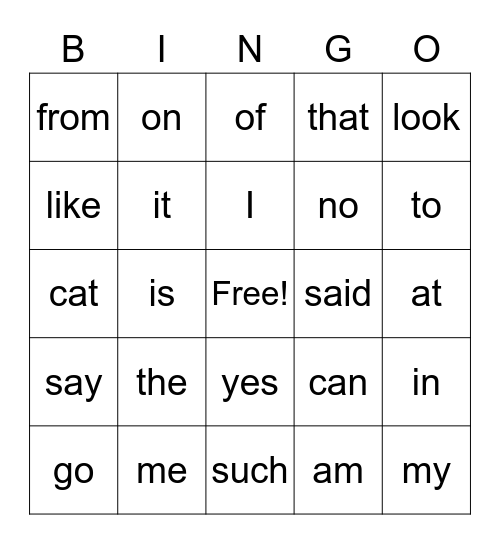 Sight Words Bingo Card
