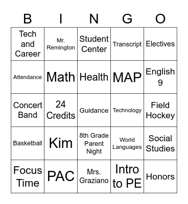 High School Bingo Card