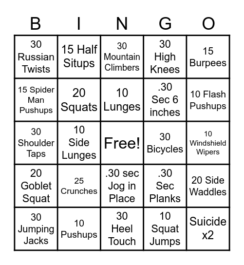 Fitness Bingo Card