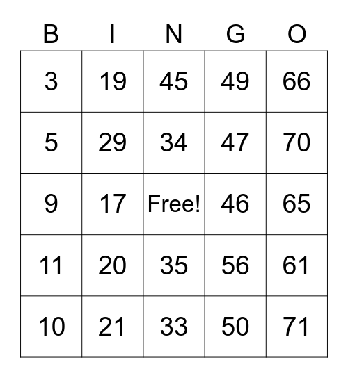 Number Bingo 1-75 Bingo Card