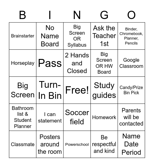 Classroom Expectations BINGO Card