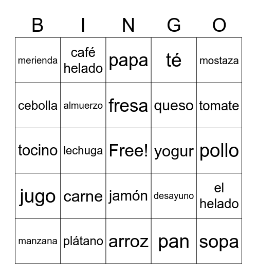 Food Vocab. Bingo Card