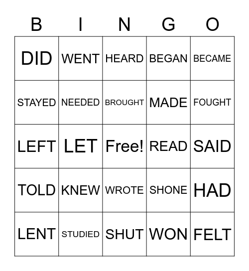 PAST TENSES Bingo Card