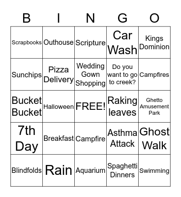 Park Avenue Youth Group Bingo Card