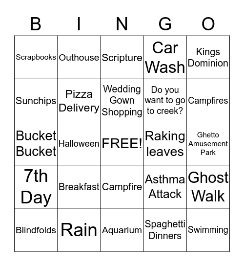 Park Avenue Youth Group Bingo Card