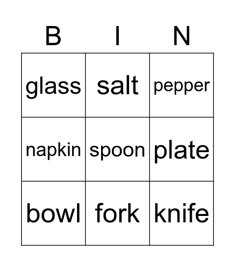 Dining Bingo Card