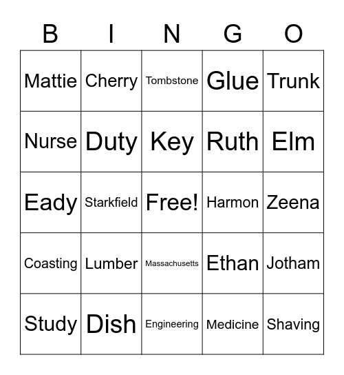 Ethan Frome Bingo Card