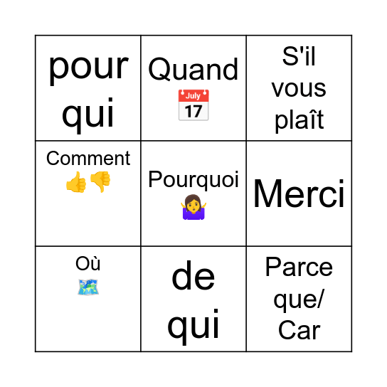 Lotto- Les Questions Bingo Card