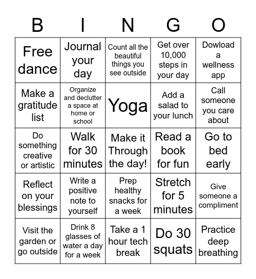 Wellness Bingo Card