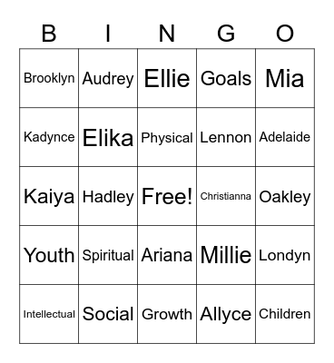 Children and Youth Program Bingo Card