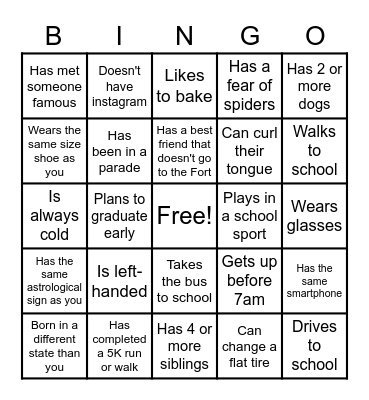 Classmate Scavenger Hunt Bingo Card