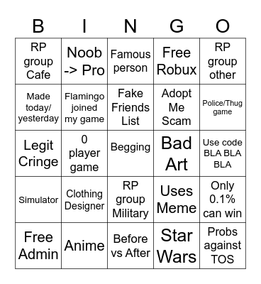 Gorillas Roblox Ad Bingo Card