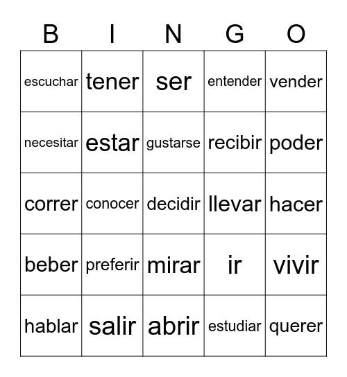 verbos Bingo Card
