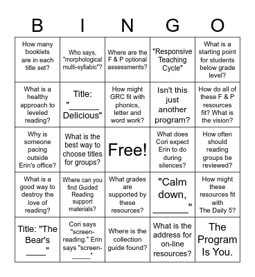F & P Guided Reading Classroom (GRC) Bingo Card