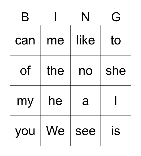 Sight Word Bingo Card