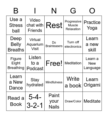 Relaxation Bingo Card