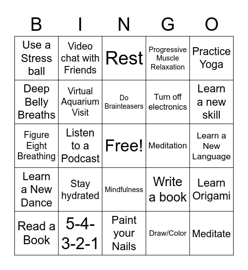 Relaxation Bingo Card