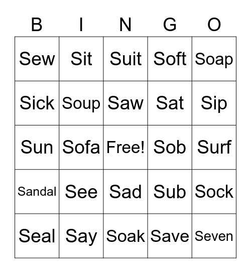 S Initial Bingo Card