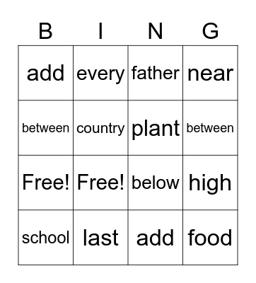 Sight Words Bingo Card