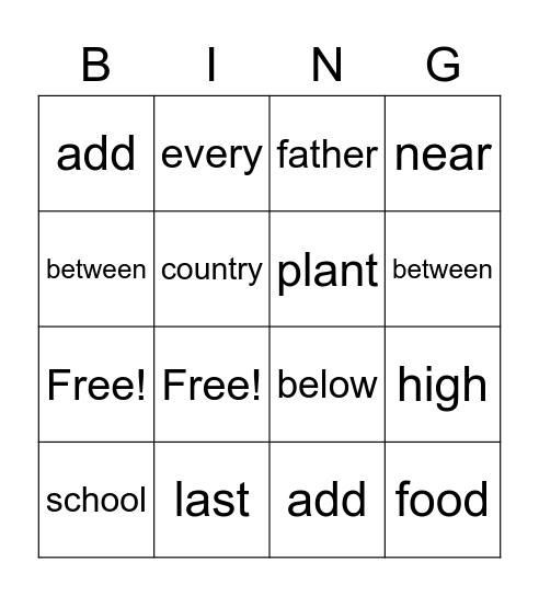 Sight Words Bingo Card