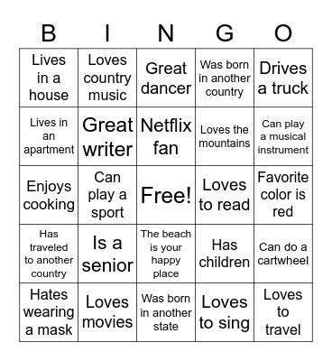 Getting To Know You Bingo Card