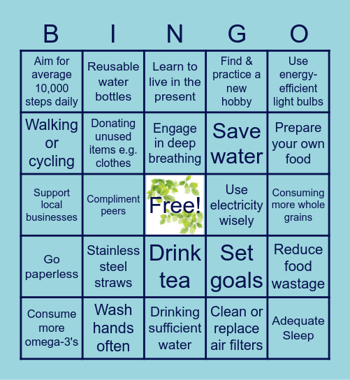 Sustainability and Wellness Bingo Card