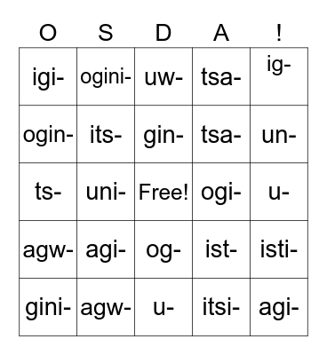 Ten Inactive Cherokee People Bingo Card