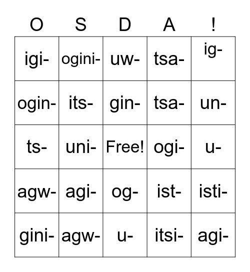 Ten Inactive Cherokee People Bingo Card