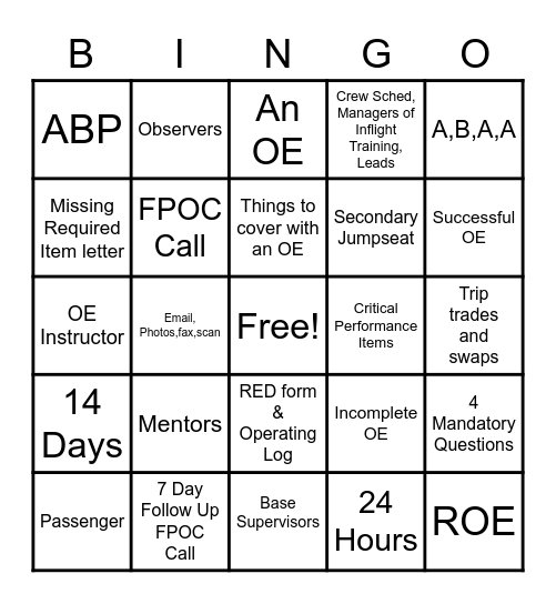 Flight Attendant Support Team Bingo Card