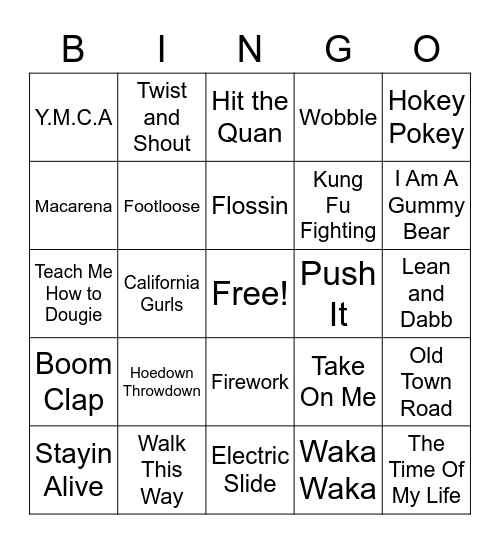 Dance Songs Playlist Bingo Card