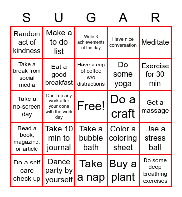 Sugarwish Mental Health Bingo Card