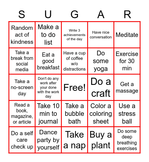 Sugarwish Mental Health Bingo Card