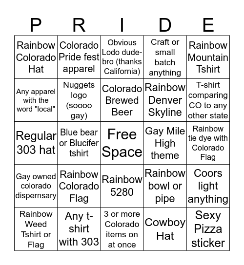 Colorado is so Gay Bingo Card