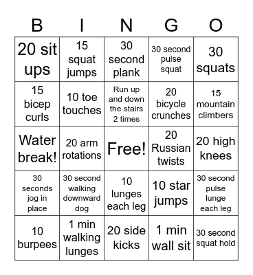 Ms Tran's Fitness Bingo Card